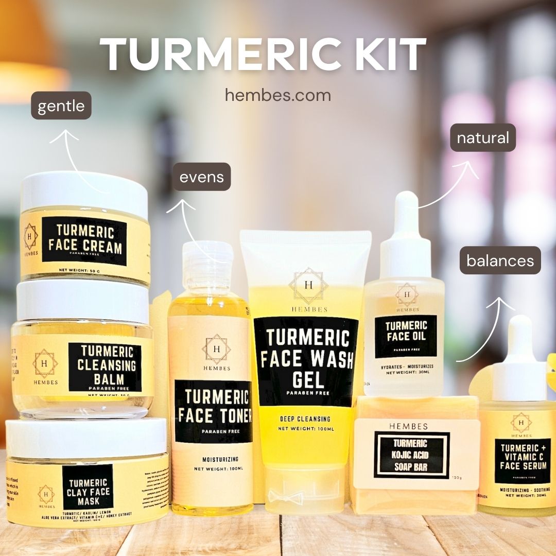 Hembes turmeric skincare products. How to clear skin. Turmeric Skincare. Full skincare set. Skincare routine set. Skincare collection. Face moisturizer. Face wash. Turmeric serum. face cream.Natural skincare products. How to treat acne. How to get rid of dark spots. Dark spots. Acne spots. Pimples. Skincare routine. Glowing skin. Healthy skin. Sensitive skin. Reduce fine lines. Reduce wrinkles. Even skin. Hydrate skin. Nourish skin. Dry skin. Oily skin. Combination skin. Anti-aging skincare