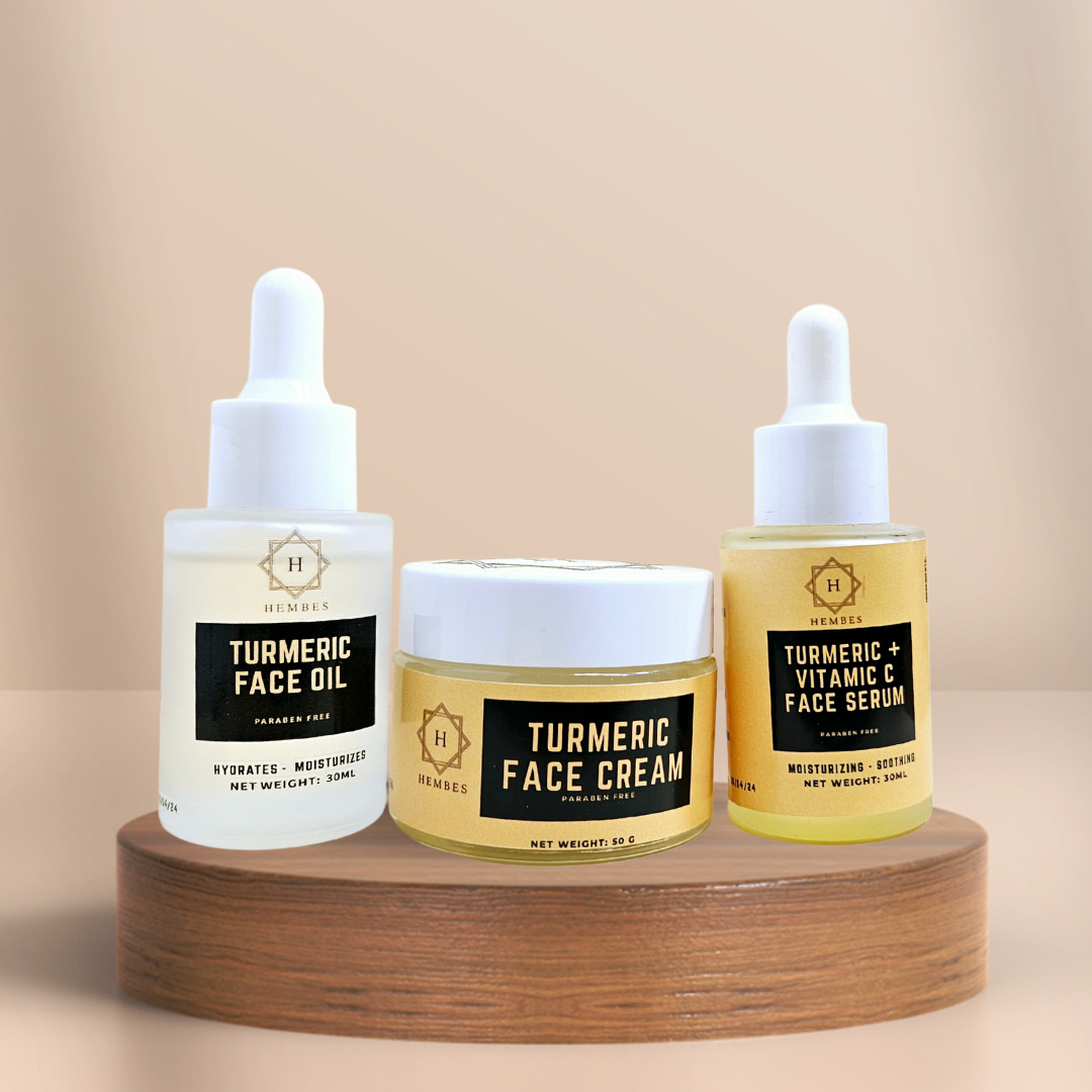 Hembes turmeric skincare products. How to clear skin. Turmeric Skincare. Full skincare set. Skincare routine set. Skincare collection. Face moisturizer. Face wash. Turmeric serum. face cream.Natural skincare products. How to treat acne. How to get rid of dark spots. Dark spots. Acne spots. Pimples. Skincare routine. Glowing skin. Healthy skin. Sensitive skin. Reduce fine lines. Reduce wrinkles. Even skin. Hydrate skin. Nourish skin. Dry skin. Oily skin. Combination skin. Anti-aging skincare