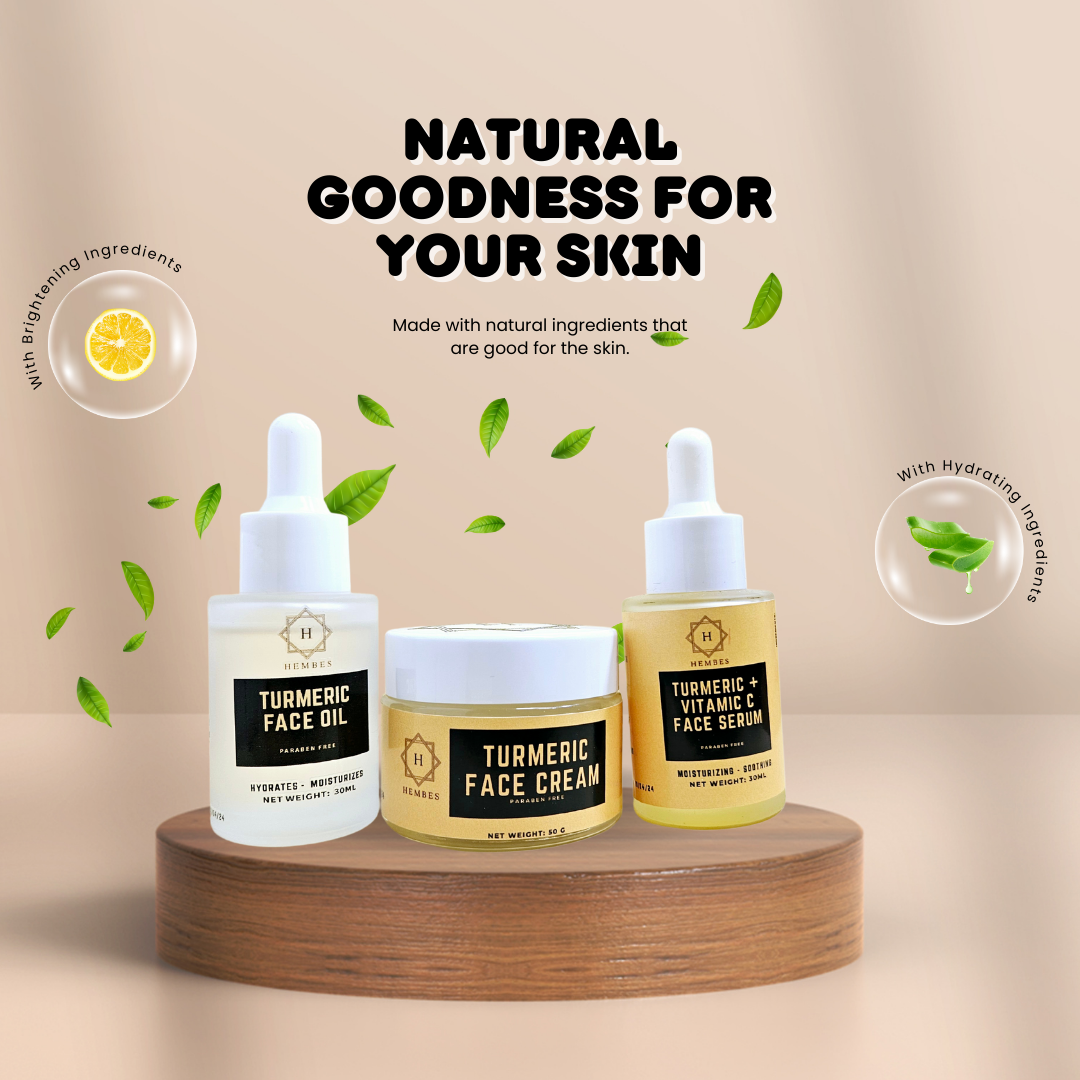 Hembes turmeric skincare products. How to clear skin. Turmeric Skincare. Full skincare set. Skincare routine set. Skincare collection. Face moisturizer. Face wash. Turmeric serum. face cream.Natural skincare products. How to treat acne. How to get rid of dark spots. Dark spots. Acne spots. Pimples. Skincare routine. Glowing skin. Healthy skin. Sensitive skin. Reduce fine lines. Reduce wrinkles. Even skin. Hydrate skin. Nourish skin. Dry skin. Oily skin. Combination skin. Anti-aging skincare