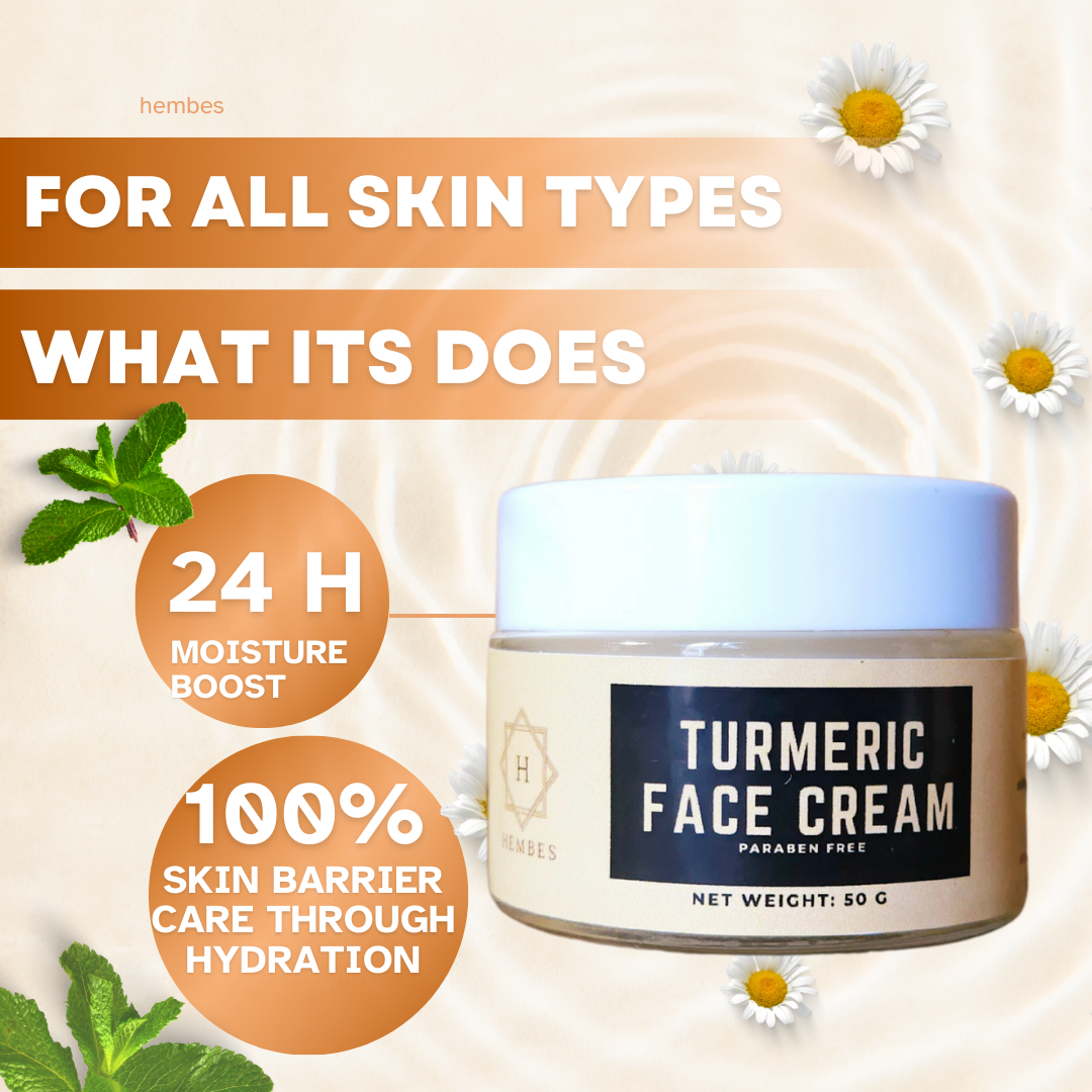 Hembes turmeric skincare products. How to clear skin. Turmeric Skincare. Face cream. facial moisturizer. Natural skincare products. How to treat acne. How to get rid of dark spots. Dark spots. Acne spots. Pimples. Skincare routine. Glowing skin. Healthy skin. Sensitive skin. Reduce fine lines. Reduce wrinkles. Even skin. Hydrate skin. Nourish skin. Dry skin. Oily skin. Combination skin. Anti-aging skincare