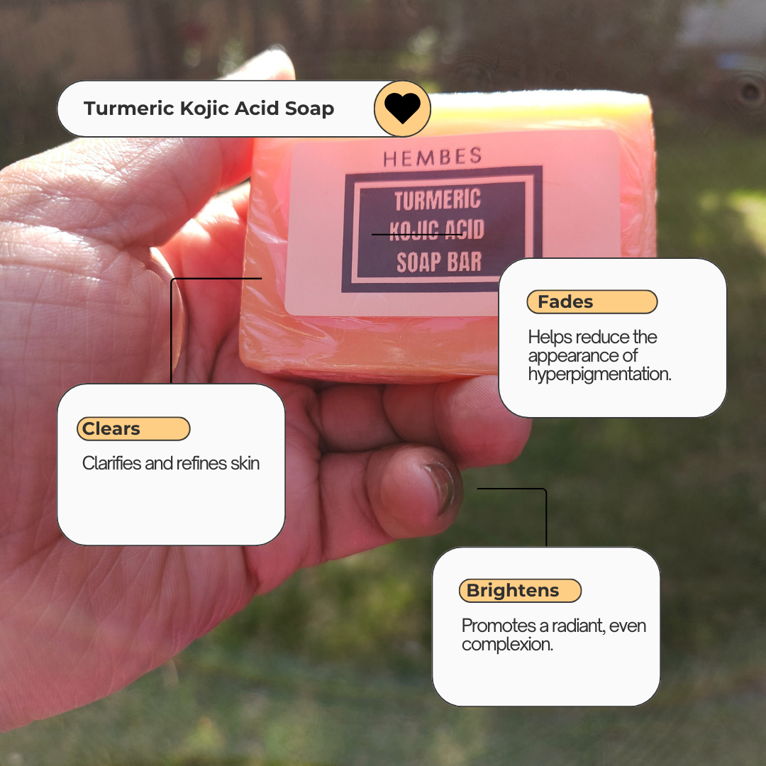 Kojic acid soap. Turmeric kojic acid soap. Hembes skincare. Soap to clear skin. Soap for sensitive skin. Dark spot corrector. turmeric soap. turmeric Kojic acid soap. hyperpigmentation