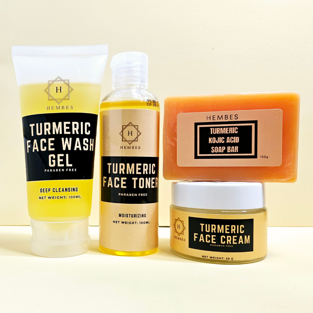 Hembes turmeric skincare products. How to clear skin. Turmeric Skin care sets. Face wash gel. Face toner. Turmeric soap. Turmeric face cream. facial moisturizers. Turmeric bar soap. Natural skincare products. How to treat acne. How to get rid of dark spots. Dark spots. Acne spots. Pimples. Skincare routine. Glowing skin. Healthy skin. Sensitive skin. Reduce fine lines. Reduce wrinkles. Even skin. Hydrate skin. Nourish skin. Dry skin. Oily skin. Combination skin. Anti-aging skincare