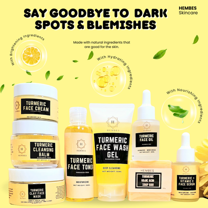 Hembes turmeric skincare products. How to clear skin. Turmeric Skincare. Full skincare set. Skincare routine set. Skincare collection. Face moisturizer. Face wash. Turmeric serum. face cream.Natural skincare products. How to treat acne. How to get rid of dark spots. Dark spots. Acne spots. Pimples. Skincare routine. Glowing skin. Healthy skin. Sensitive skin. Reduce fine lines. Reduce wrinkles. Even skin. Hydrate skin. Nourish skin. Dry skin. Oily skin. Combination skin. Anti-aging skincare
