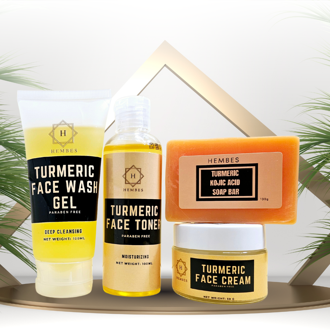 Hembes turmeric skincare products. How to clear skin. Turmeric Skin care sets. Face wash gel. Face toner. Turmeric soap. Turmeric face cream. facial moisturizers. Turmeric bar soap. Natural skincare products. How to treat acne. How to get rid of dark spots. Dark spots. Acne spots. Pimples. Skincare routine. Glowing skin. Healthy skin. Sensitive skin. Reduce fine lines. Reduce wrinkles. Even skin. Hydrate skin. Nourish skin. Dry skin. Oily skin. Combination skin. Anti-aging skincare