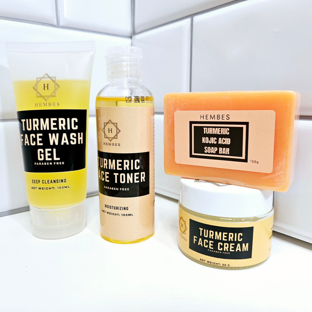 Hembes turmeric skincare products. How to clear skin. Turmeric Skin care sets. Face wash gel. Face toner. Turmeric soap. Turmeric face cream. facial moisturizers. Turmeric bar soap. Natural skincare products. How to treat acne. How to get rid of dark spots. Dark spots. Acne spots. Pimples. Skincare routine. Glowing skin. Healthy skin. Sensitive skin. Reduce fine lines. Reduce wrinkles. Even skin. Hydrate skin. Nourish skin. Dry skin. Oily skin. Combination skin. Anti-aging skincare