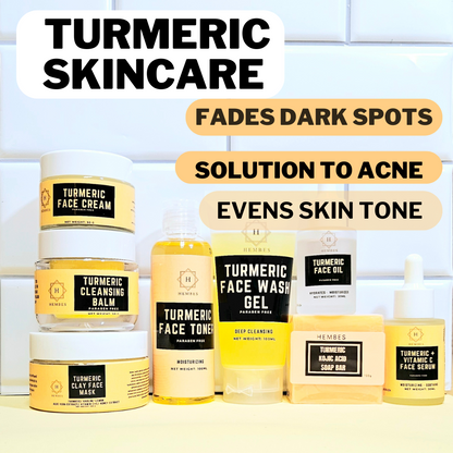 Hembes turmeric skincare products. How to clear skin. Turmeric Skincare. Full skincare set. Skincare routine set. Skincare collection. Face moisturizer. Face wash. Turmeric serum. face cream.Natural skincare products. How to treat acne. How to get rid of dark spots. Dark spots. Acne spots. Pimples. Skincare routine. Glowing skin. Healthy skin. Sensitive skin. Reduce fine lines. Reduce wrinkles. Even skin. Hydrate skin. Nourish skin. Dry skin. Oily skin. Combination skin. Anti-aging skincare